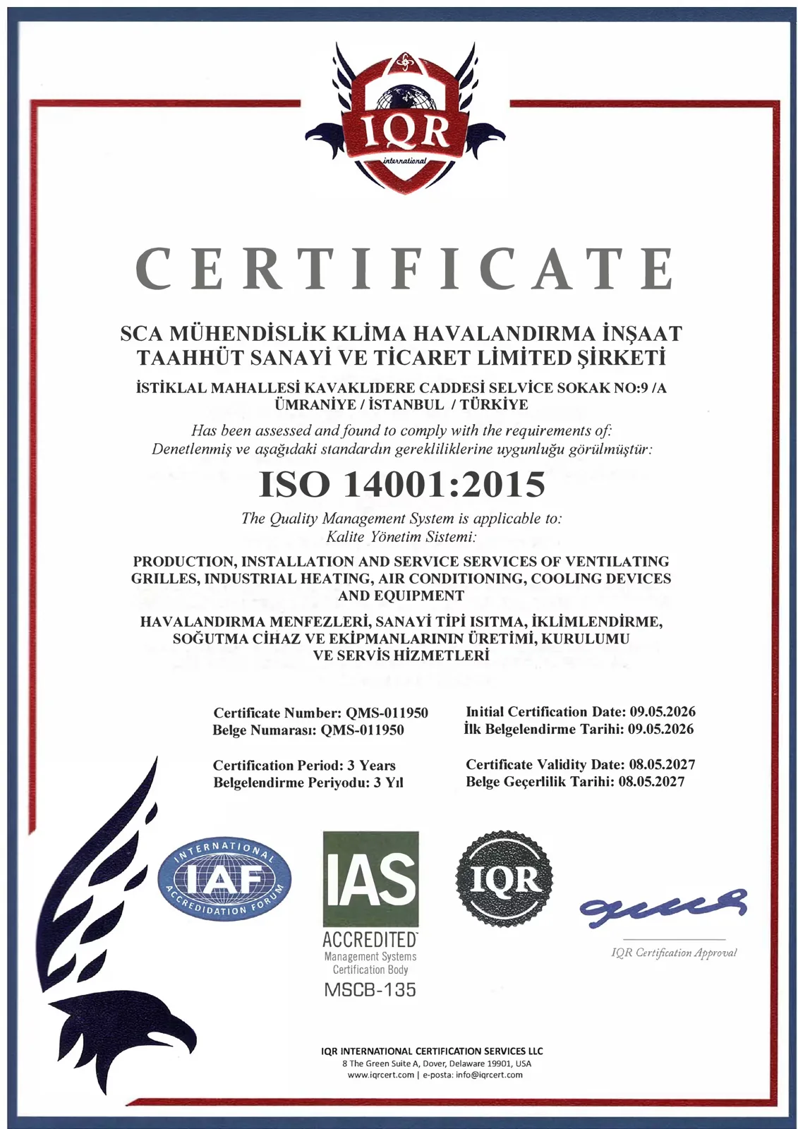 ISO 14001:2015 certificate