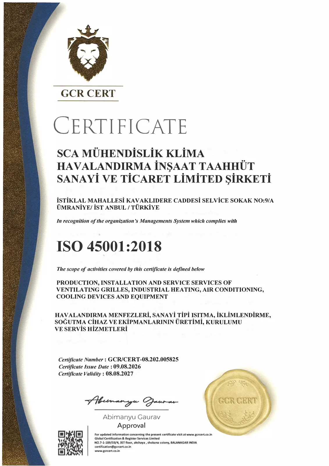 ISO 45001:2018 certificate