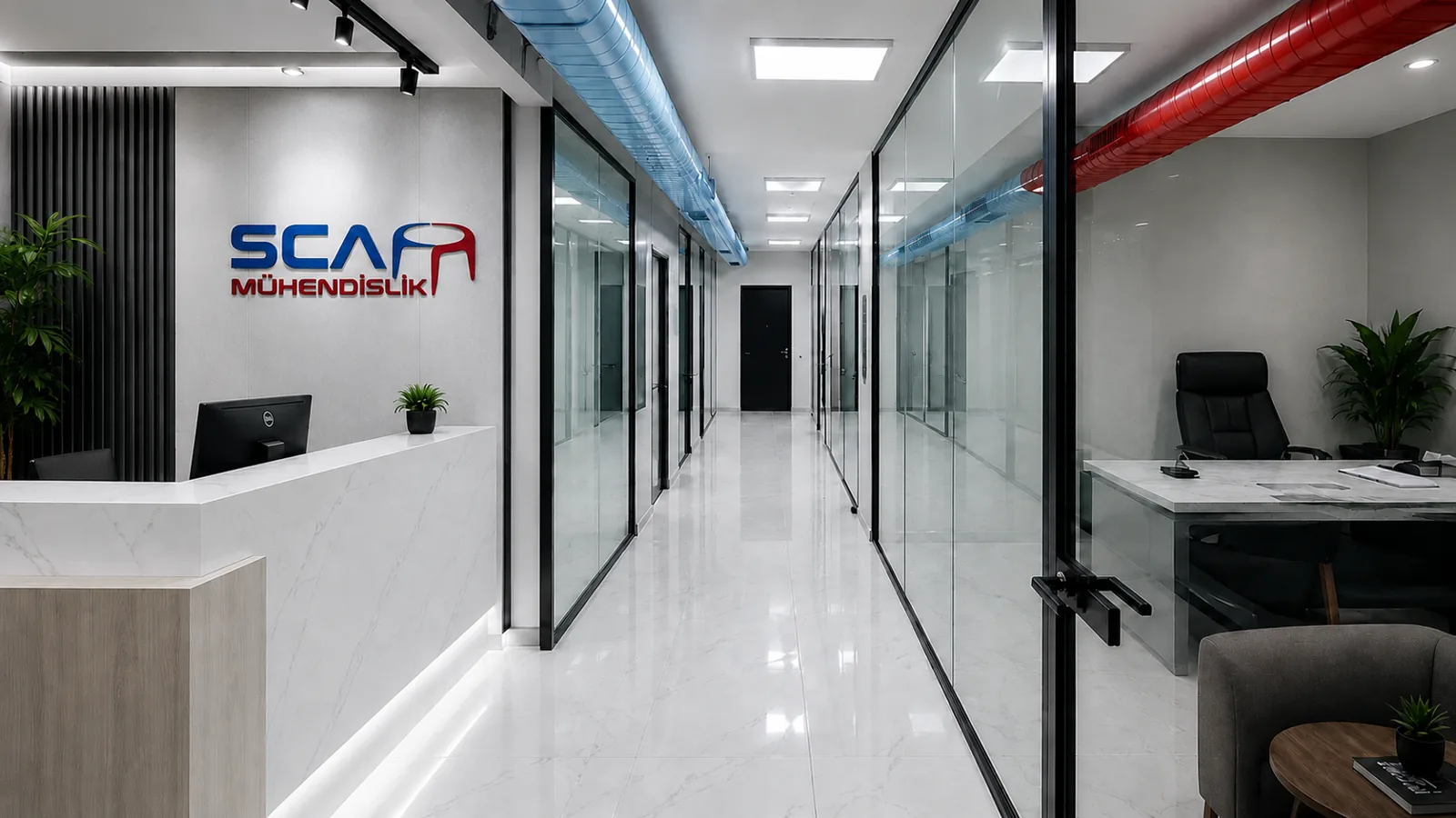 SCA Mühendislik Ümraniye ofisinin karşılama alanı ve toplantı odaları