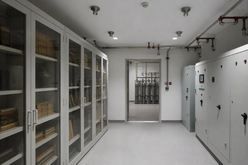 A gas-suppression cylinder bank and distribution pipework serving a technical enclosure.
