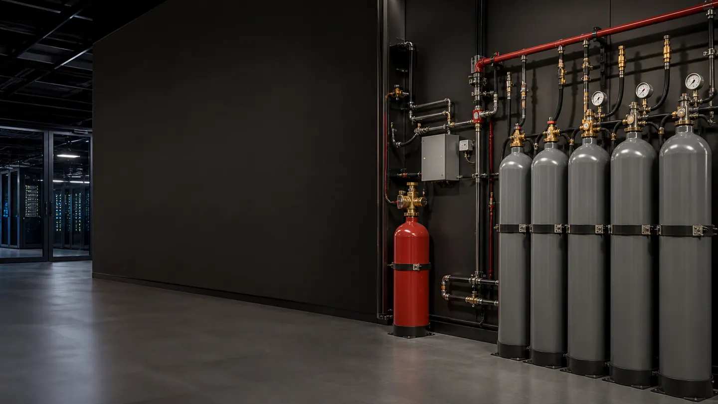 A gas-suppression cylinder bank and distribution pipework serving a technical enclosure.