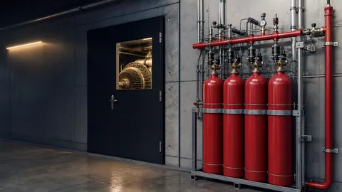 Endüstriyel tesiste CO₂ söndürme silindirleri ve güvenlik uyarı donanımı