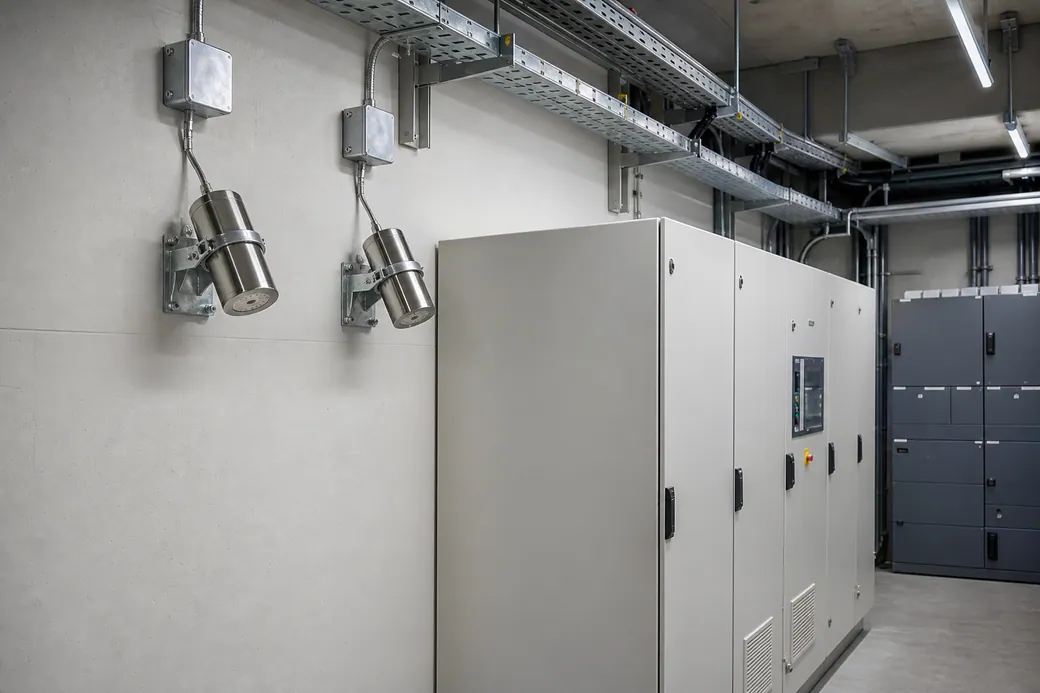 Elektrik odasında pano yerleşimi ve kompakt söndürme ekipmanları.