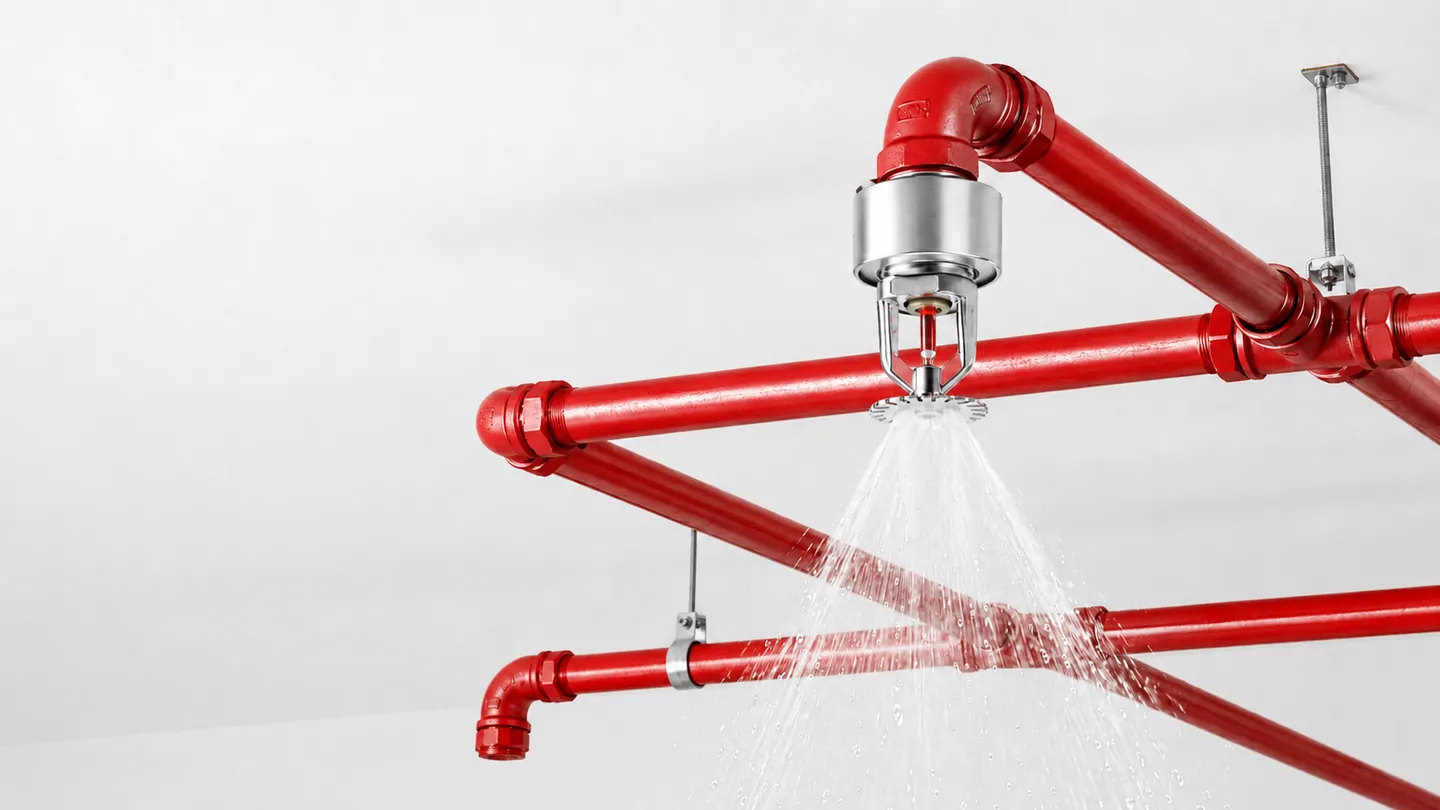 Kırmızı yangın boru hattına bağlı çalışan pendent tip sprinkler başlığı
