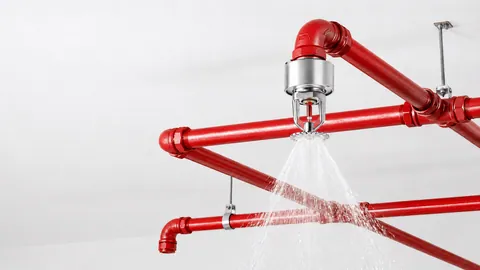 Kırmızı yangın boru hattına bağlı çalışan pendent tip sprinkler başlığı