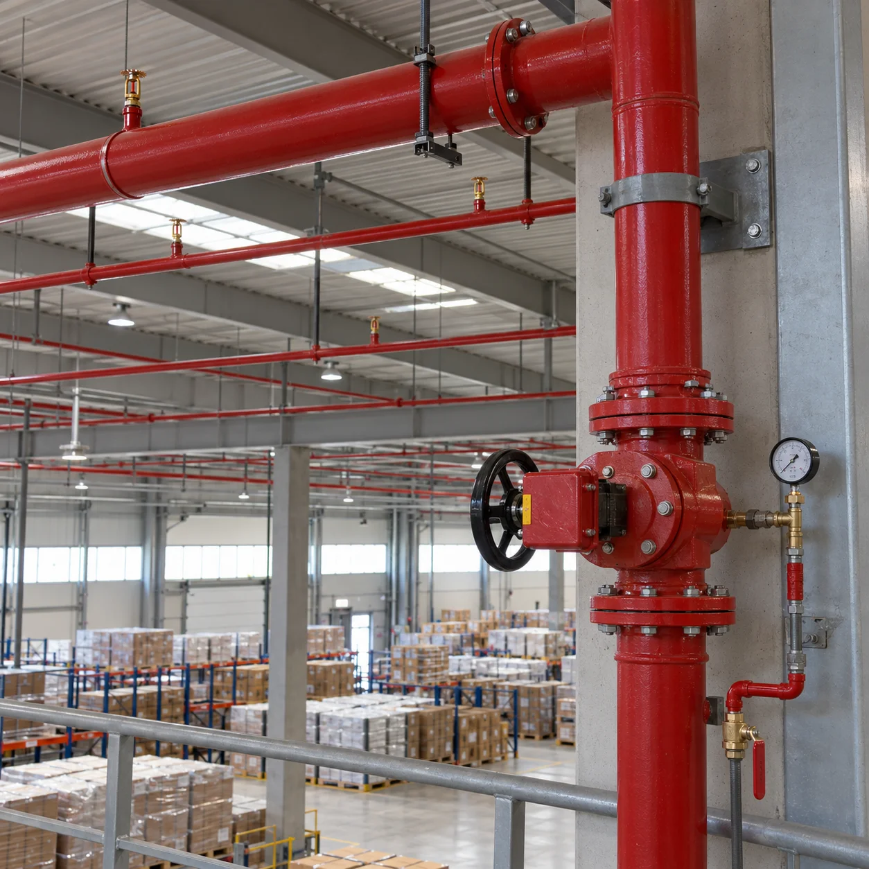 Ticari depoda sprinkler dağıtım boruları ve kontrol vanası tesisatını betimleyen temsili yangın söndürme sistemi görseli
