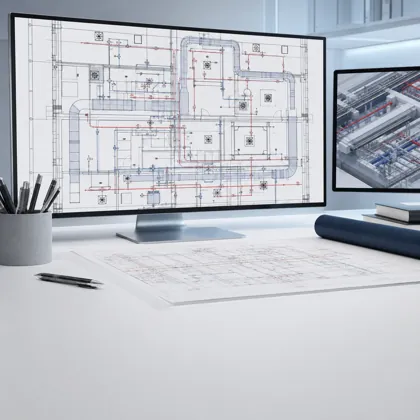 Masa ve monitörlerdeki mekanik tesisat planı ve üç boyutlu tesisat modeli.