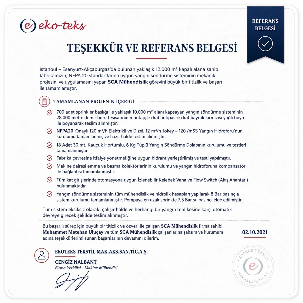 Ekoteks Tekstil tarafından SCA Mühendislik adına verilen, 2 Ekim 2021 tarihli imzalı teşekkür ve referans belgesi