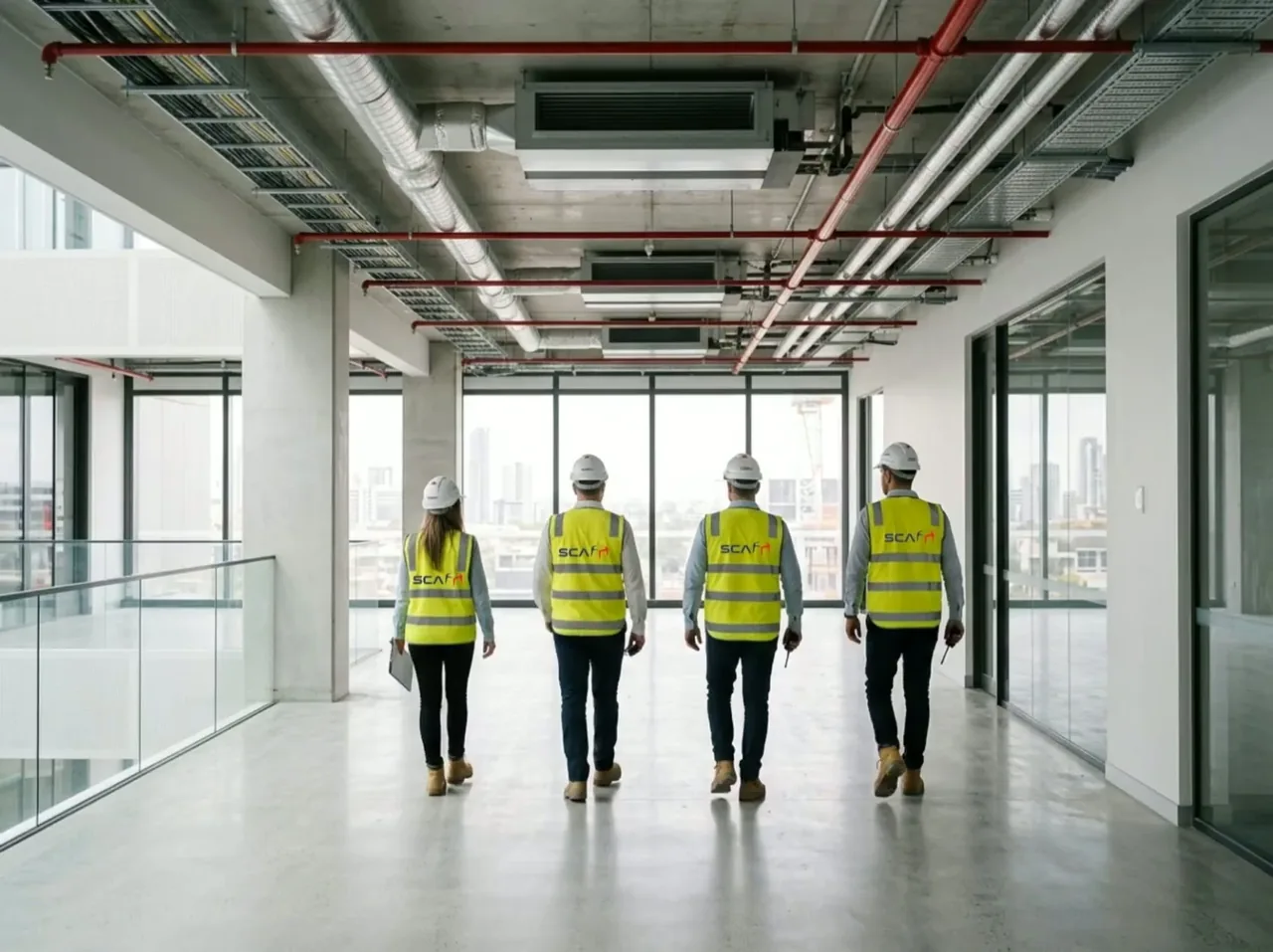 Four workers in SCA-branded safety vests beneath ceiling ducts and red pipework.