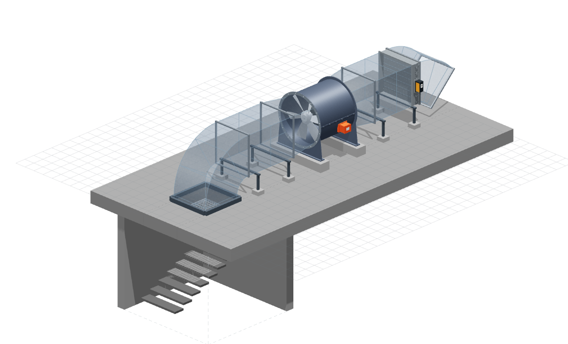Çatıdaki fan, motorlu damper ve aşağı dönen kanalın merdiven kovasının tavan menfezine bağlandığı 3D kesit