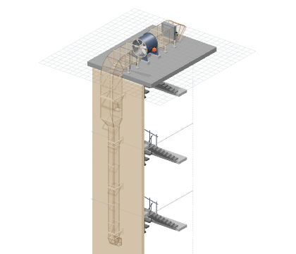 Çatıdaki fanın bej cephe boyunca inen kanal ve iki duvar bağlantısı üzerinden merdiven kovasına hava verdiği 3D model