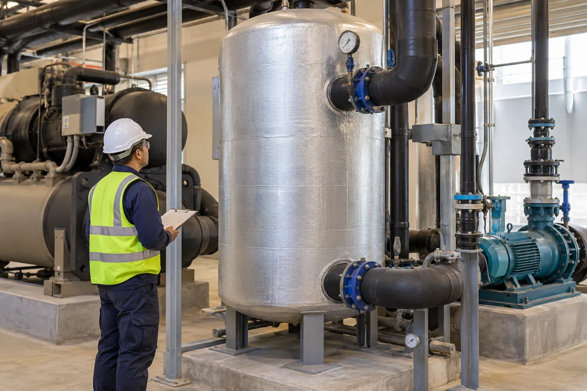 Chiller yanında bağlı tampon tankı ve su devresini inceleyen teknisyen