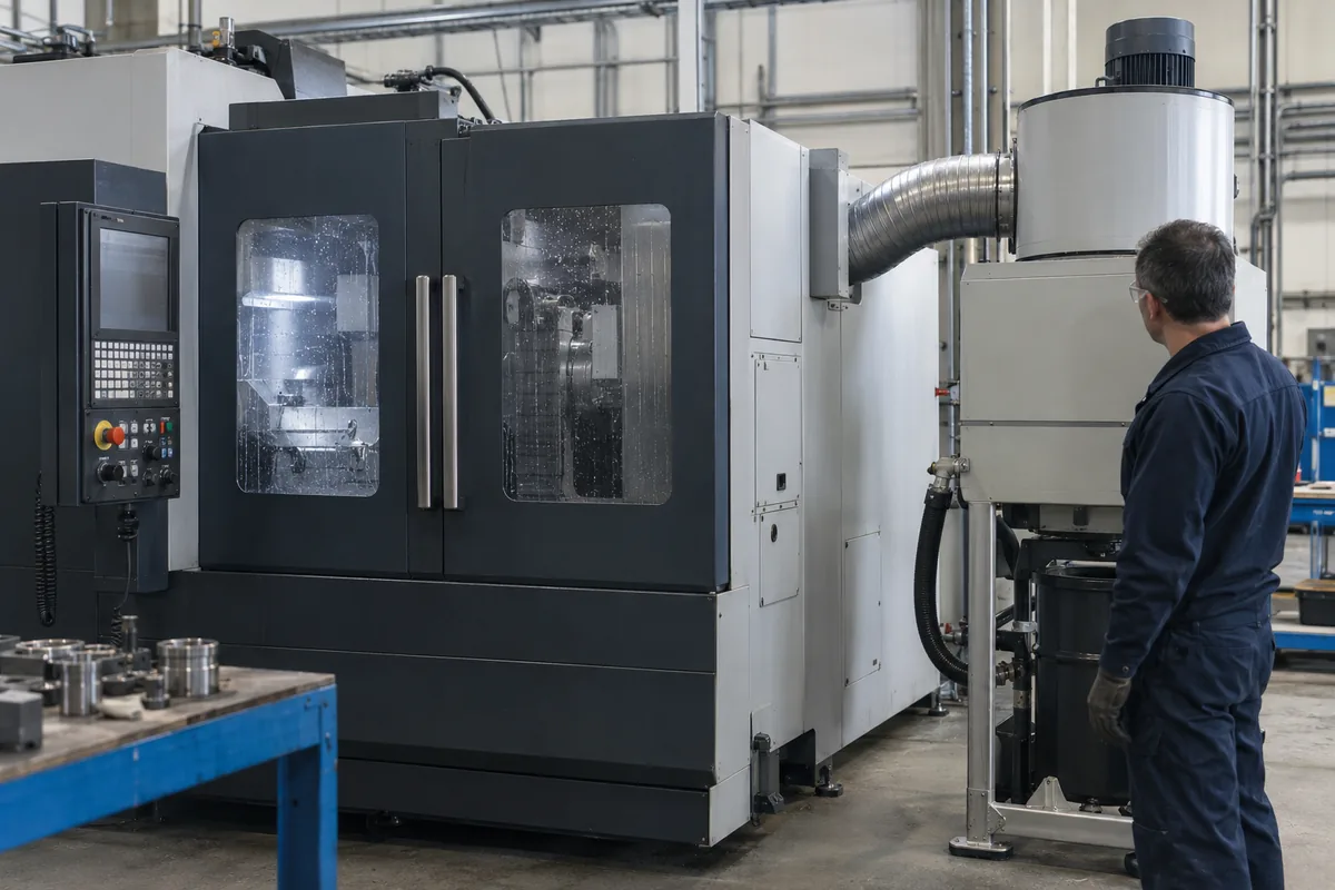 Kapalı CNC tezgâhına metal kanal ile bağlı yağ sisi filtre ünitesini gözlemleyen teknisyen.