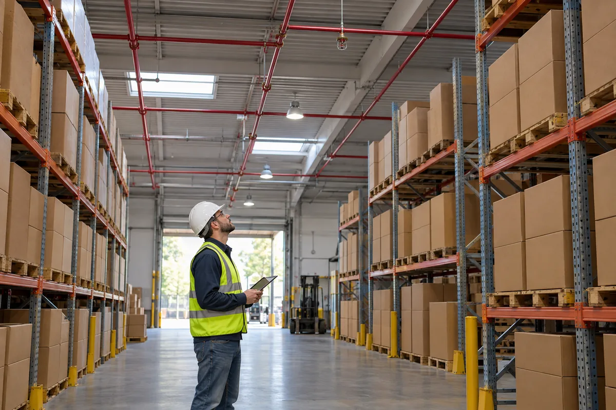 Yüksek raflı depoda tavan sprinkler borulamasını inceleyen mühendis.