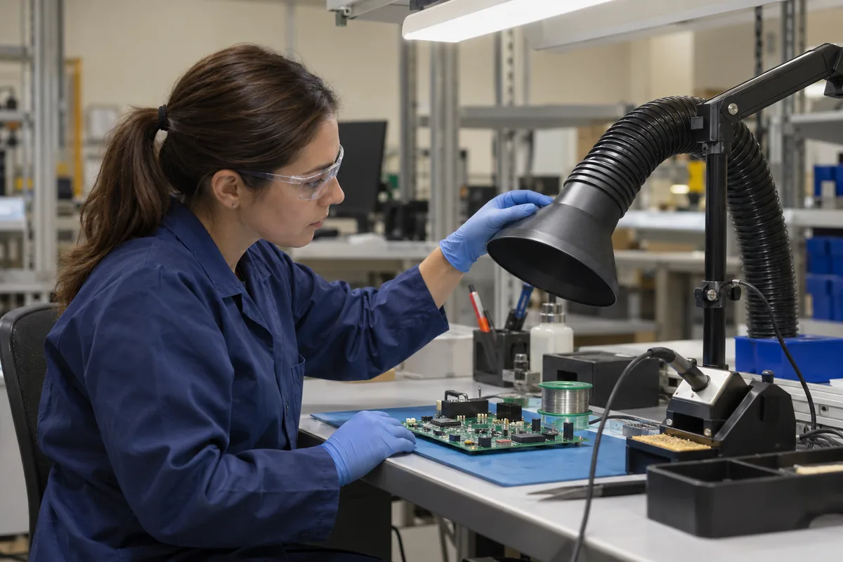 Elektronik çalışma masasındaki eklemli lehim dumanı emiş başlığını konumlandıran teknisyen.