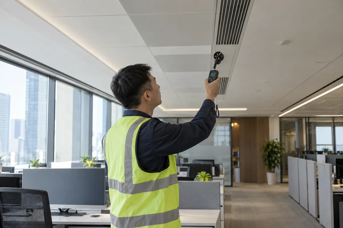 Ofis tavanındaki hava çıkışında el tipi anemometreyle ölçüm yapan teknisyen.