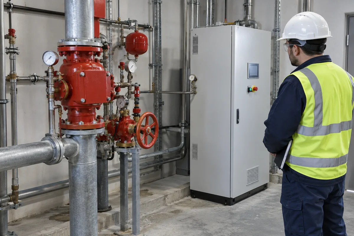 Kuru sprinkler vana hattına küçük boruyla bağlanan kapalı azot ekipmanı kabinini gözlemleyen teknisyen.