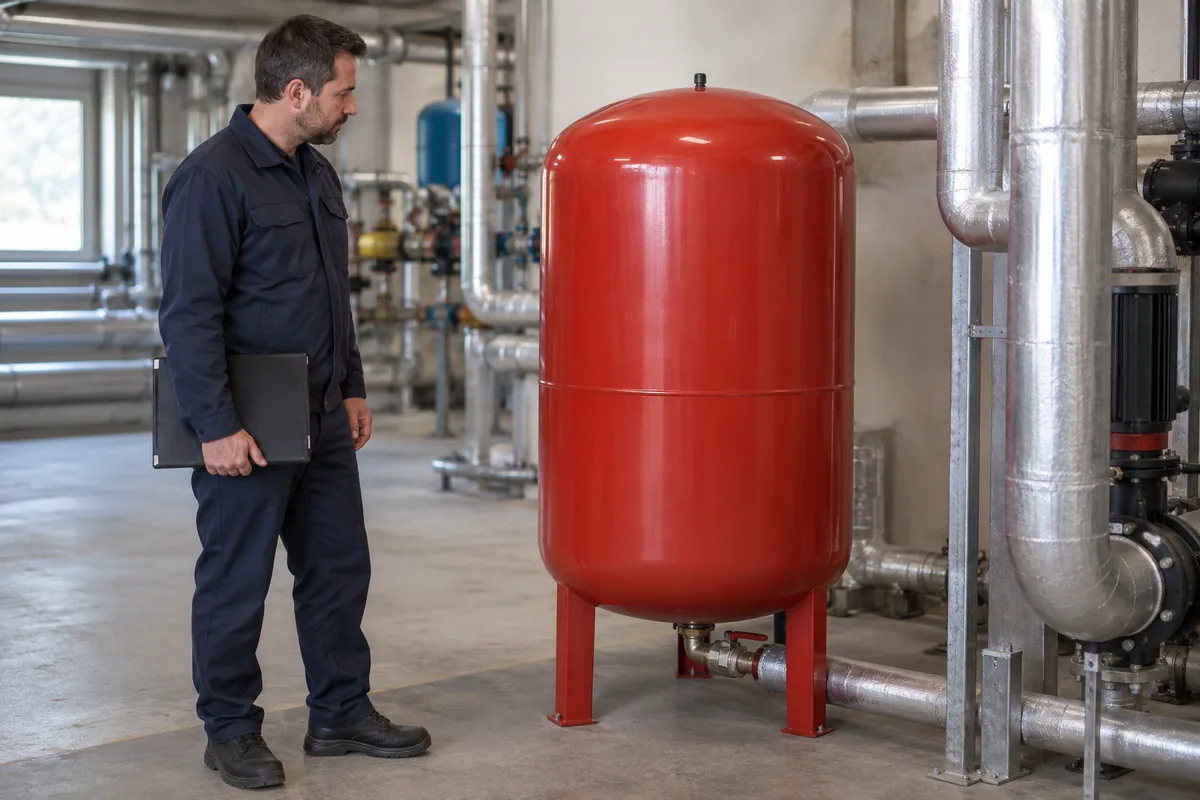 Üstünde kapalı gaz şarj ucu ve altında tek su bağlantısı bulunan genleşme tankını gözlemleyen teknisyen.