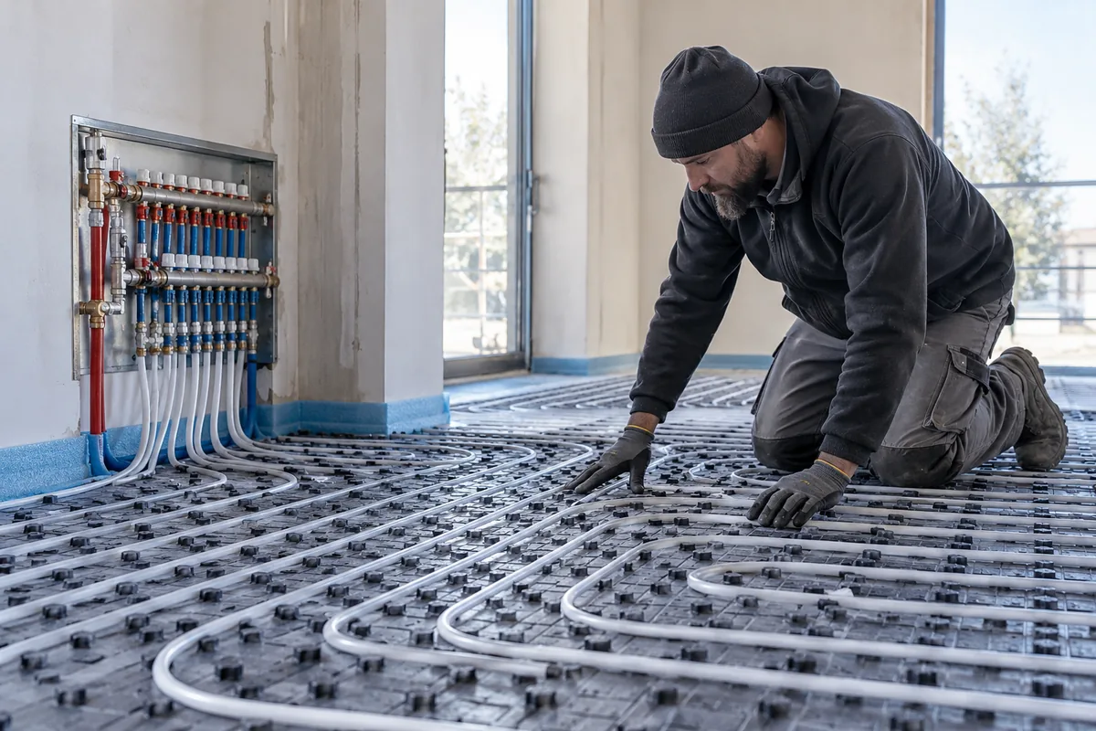 Düşük profilli döşeme panellerine yerden ısıtma borusu yerleştiren teknisyen ve duvar kollektörü.