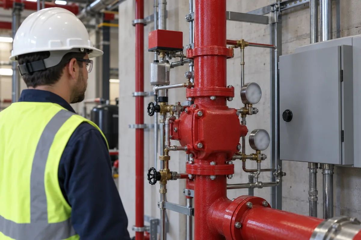 Kırmızı sprinkler kontrol vana gövdesi, bağlı trim boruları ve kapalı arayüz panosunu gözlemleyen teknisyen.