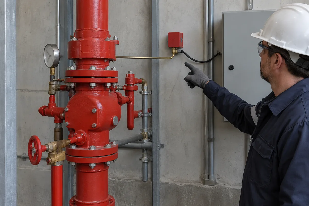 Sprinkler vana istasyonundan basınç borusuyla beslenen alarm anahtarı ve ayrı kablosuyla bağlı kapalı pano.
