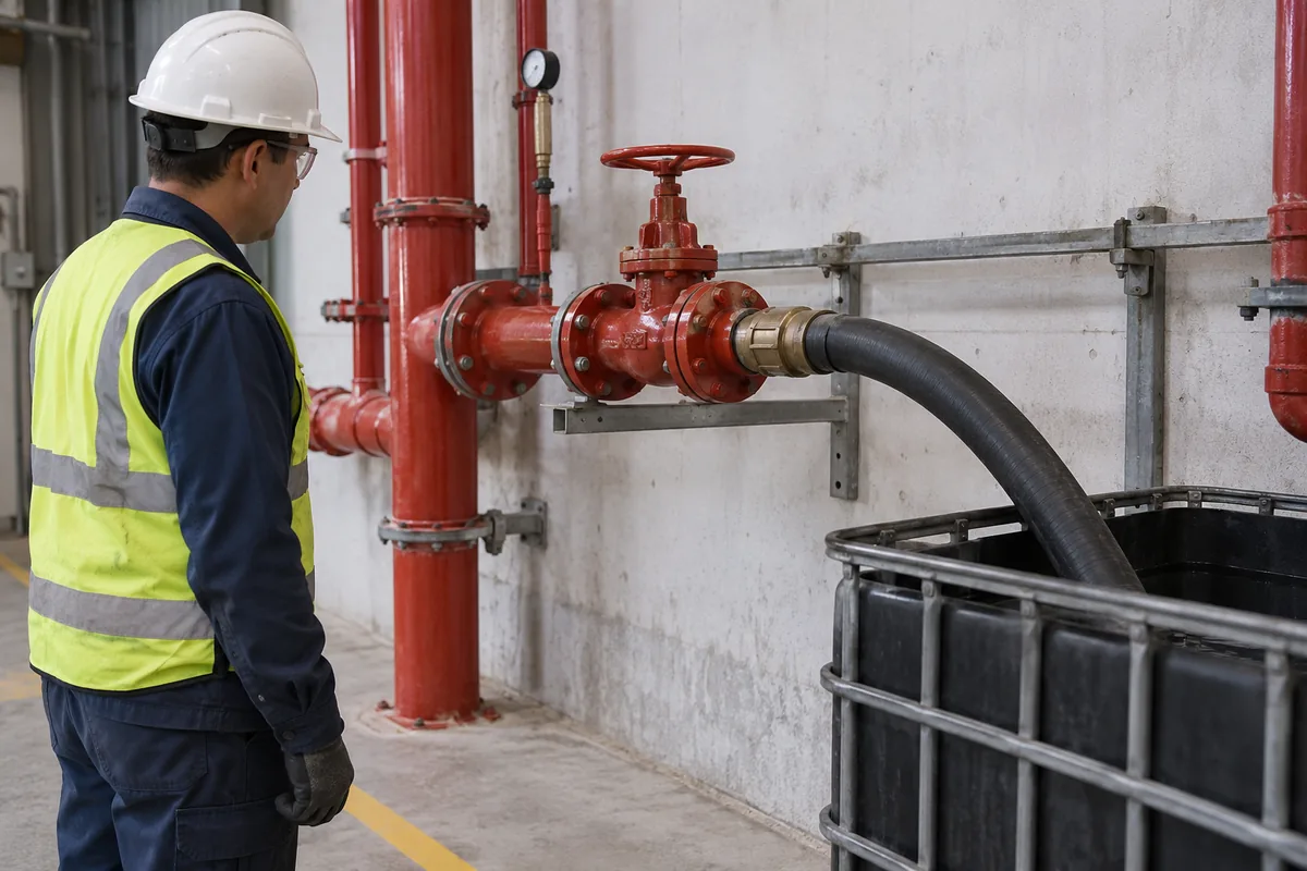 Sprinkler test hattına bağlı hortum ve toplama kabını gözlemleyen teknisyen.