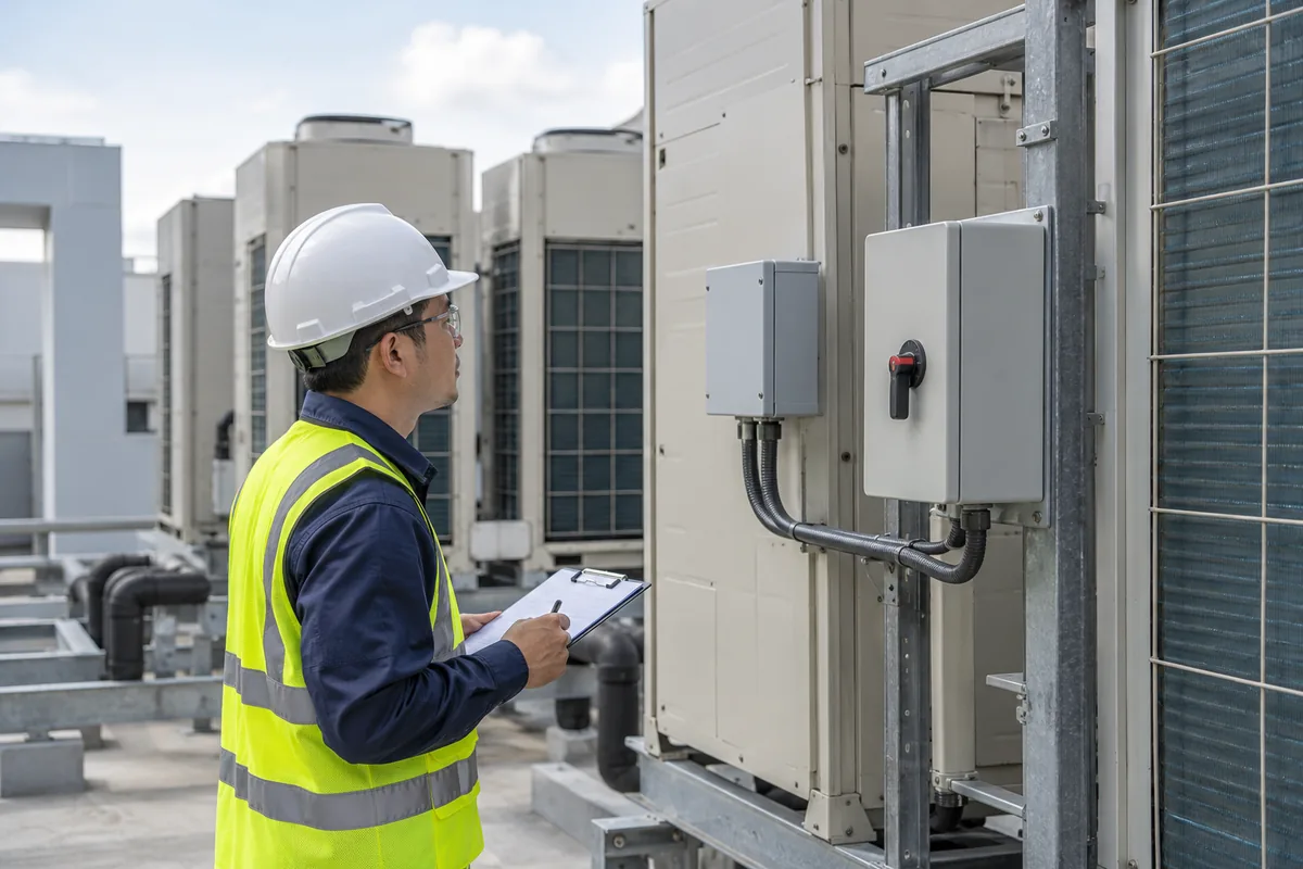 VRF dış üniteleri yanında kapalı harici kontrol kutusunu inceleyen mühendis.