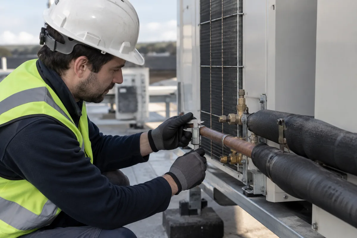 VRF dış ünitesi yanında açılmış bakır boru yüzeyini kumpasla inceleyen teknisyen.