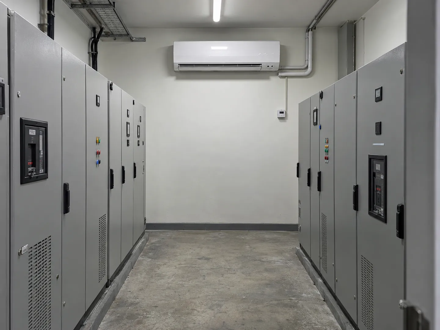 Kapalı elektrik panolarının arasındaki servis koridoruna bakan duvar tipi klima ve oda sensörü
