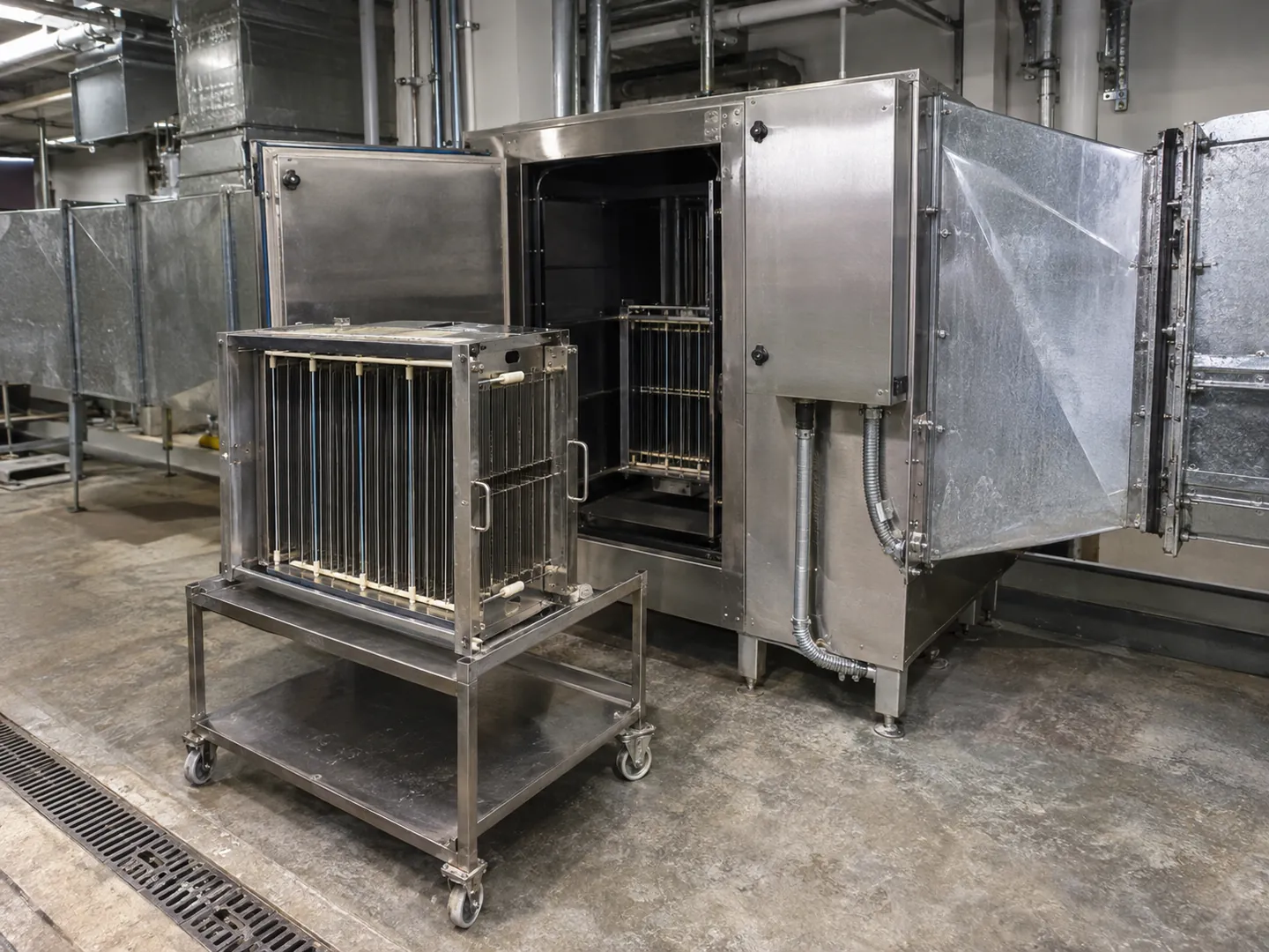 Elektrostatik filtre gövdesi ve bakım için çıkarılmış metal toplayıcı hücrenin temsili fotoğrafı