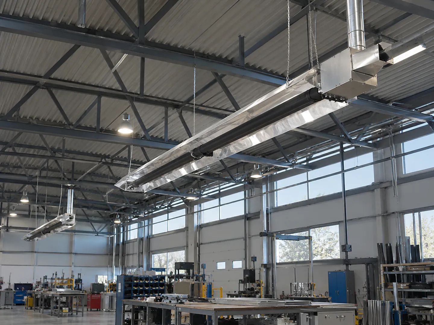 Fabrika tavanına zincirlerle asılmış tüplü radyant ısıtıcılar ve metal reflektörleri.