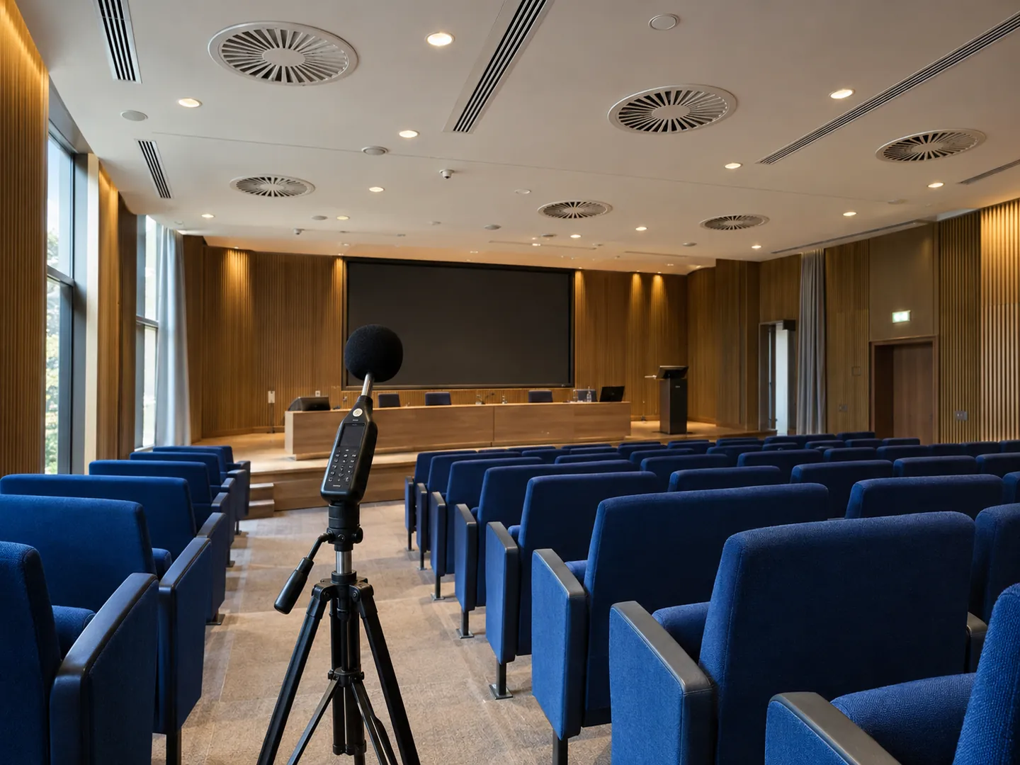 Tavan menfezleri ve akustik ölçüm hazırlığı bulunan temsili konferans salonu
