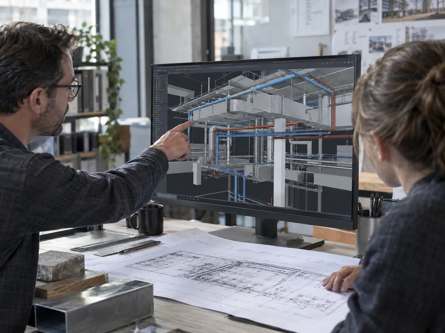 Mekanik boru ve kanal modelini mimari kesitle birlikte değerlendiren temsili BIM koordinasyon çalışması