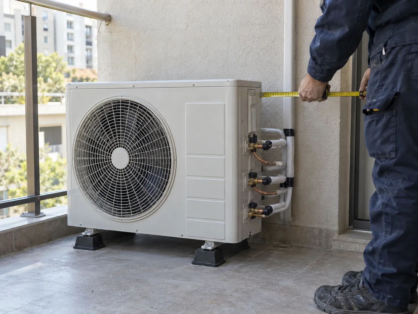Balkondaki çok bağlantılı multi split dış ünitenin servis mesafesini şerit metreyle ölçen teknisyen