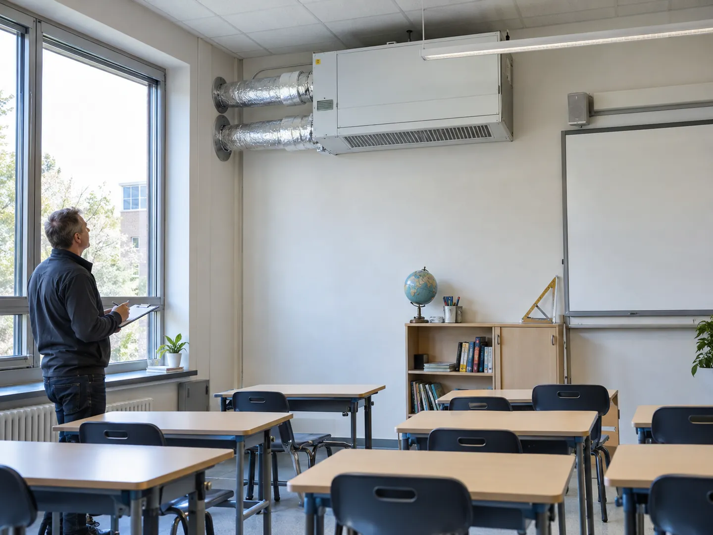 Sınıf bazlı havalandırma cihazı ve ayrı dış hava bağlantıları bulunan temsili derslik