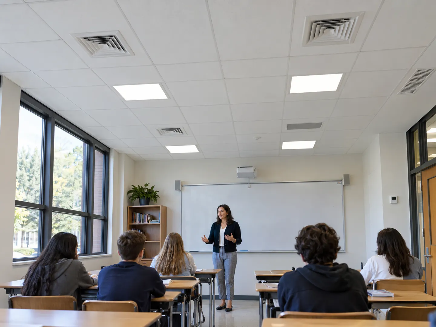 Derslikte tavan hava dağıtım elemanları ve ortam sensörü bulunan temsili okul iç mekânı