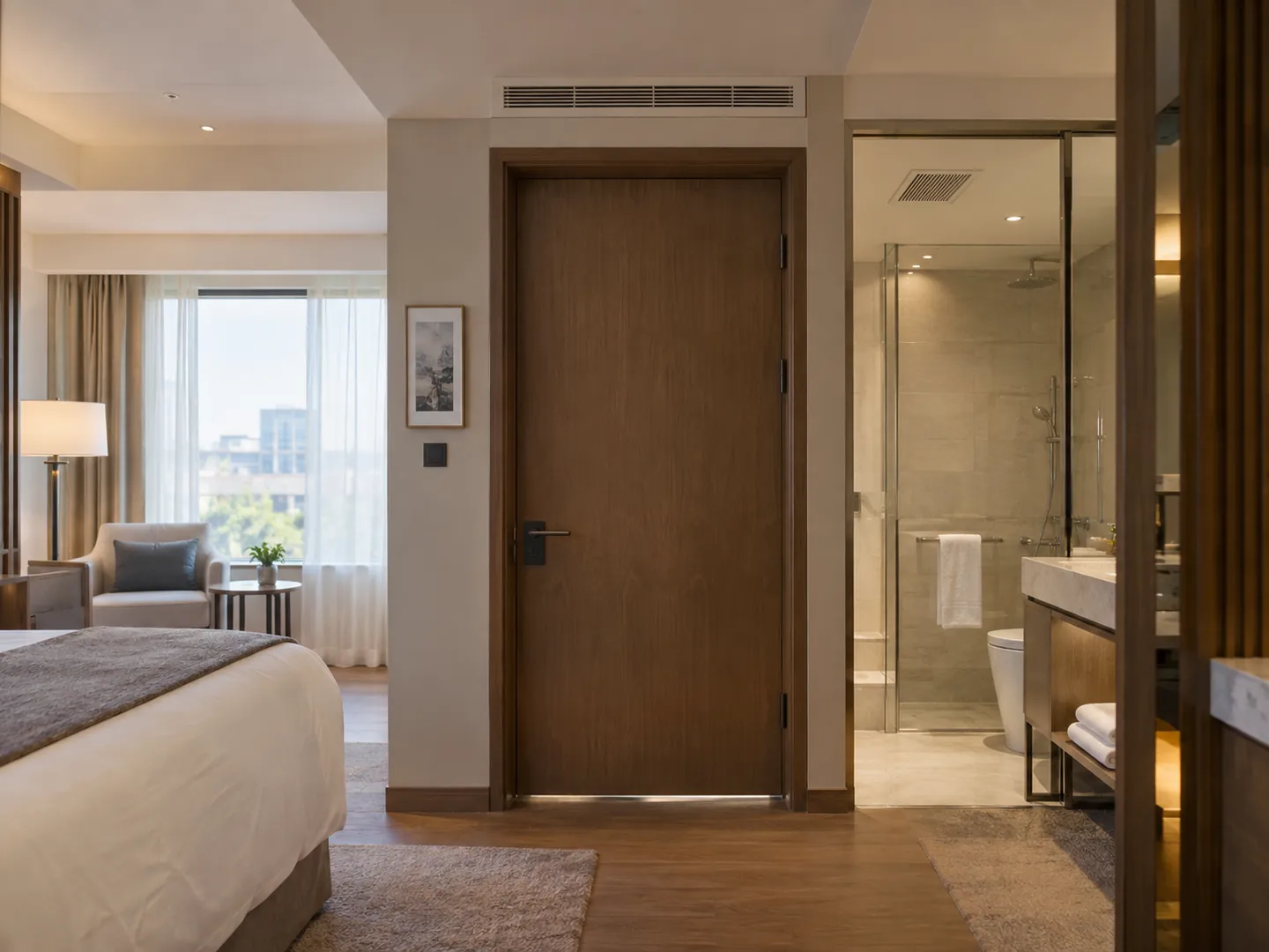 Misafir odası hava dağıtımı ve ayrı banyo egzozu bulunan temsili otel odası