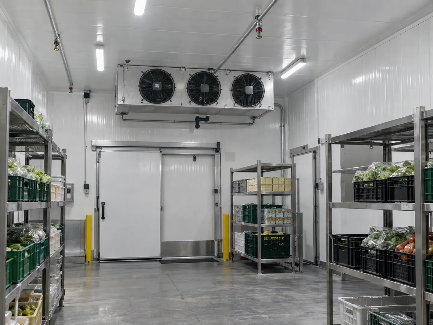 Yalıtımlı panel duvarları ve tavanı, evaporatör fanları, termal kapısı ve sprinkler boruları bulunan temsili soğuk depo