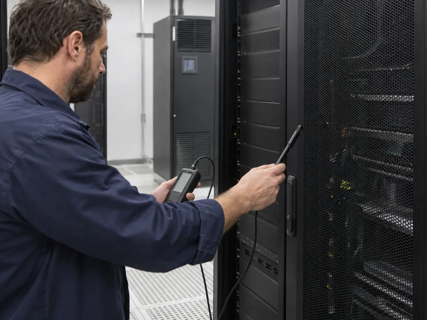 Sunucu kabininin ön girişinde el tipi ölçüm cihazı ve probla ortam koşullarını kontrol eden teknisyen