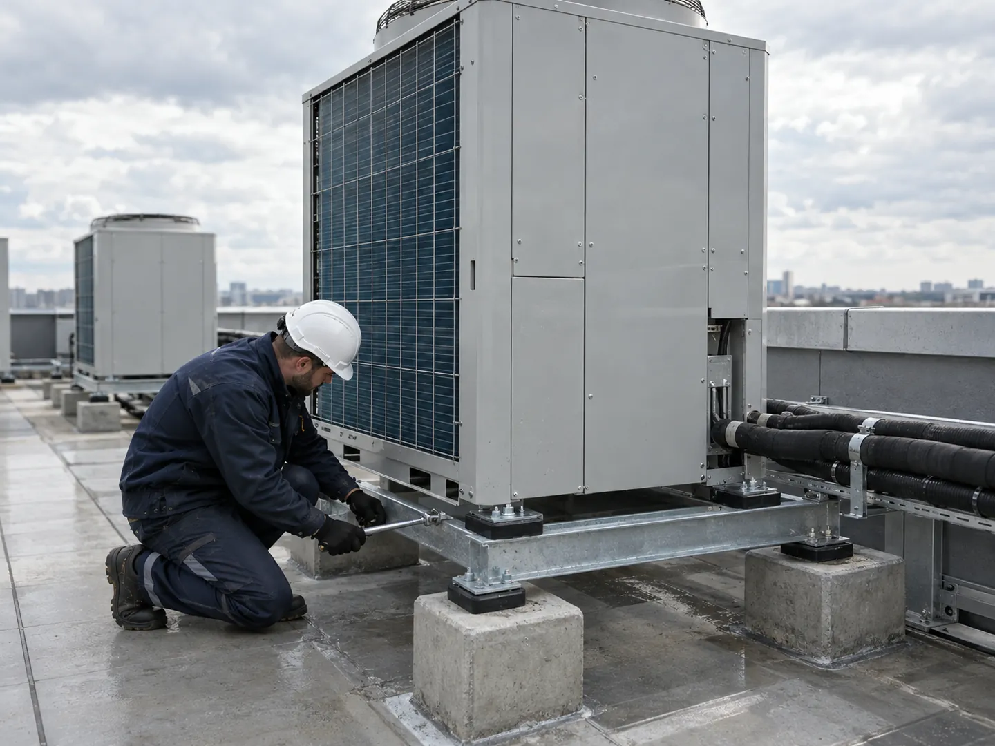 Çatıdaki VRF dış ünitenin yükseltilmiş kaide ve bağlantı cıvatalarını kontrol eden teknisyen