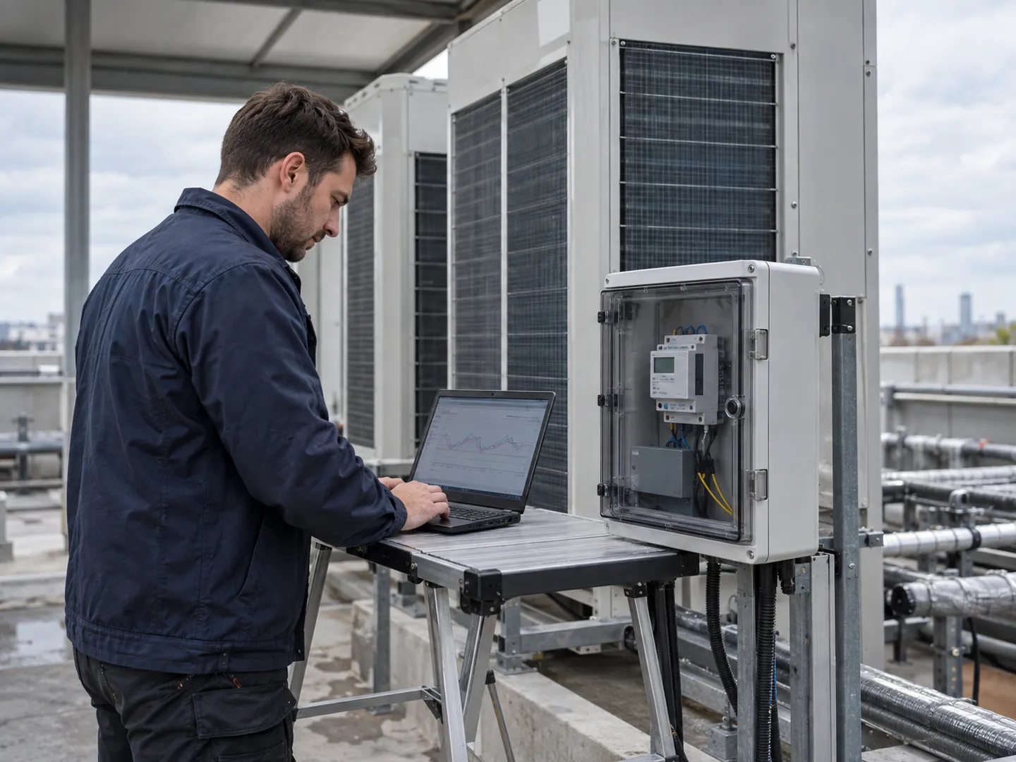 VRF dış üniteleri yanında kapalı sayaç kutusu ve bilgisayarda enerji eğilimlerini inceleyen mühendis