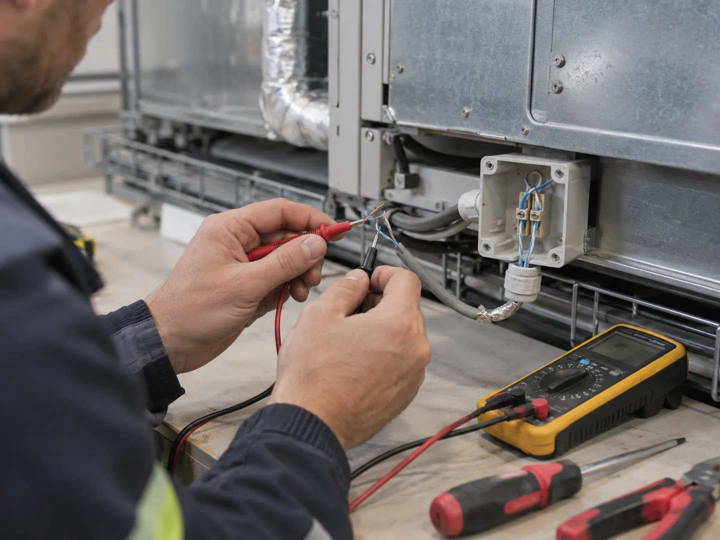 VRF haberleşme kablosunun ayrılmış uçlarını multimetre problarıyla kontrol eden teknisyen