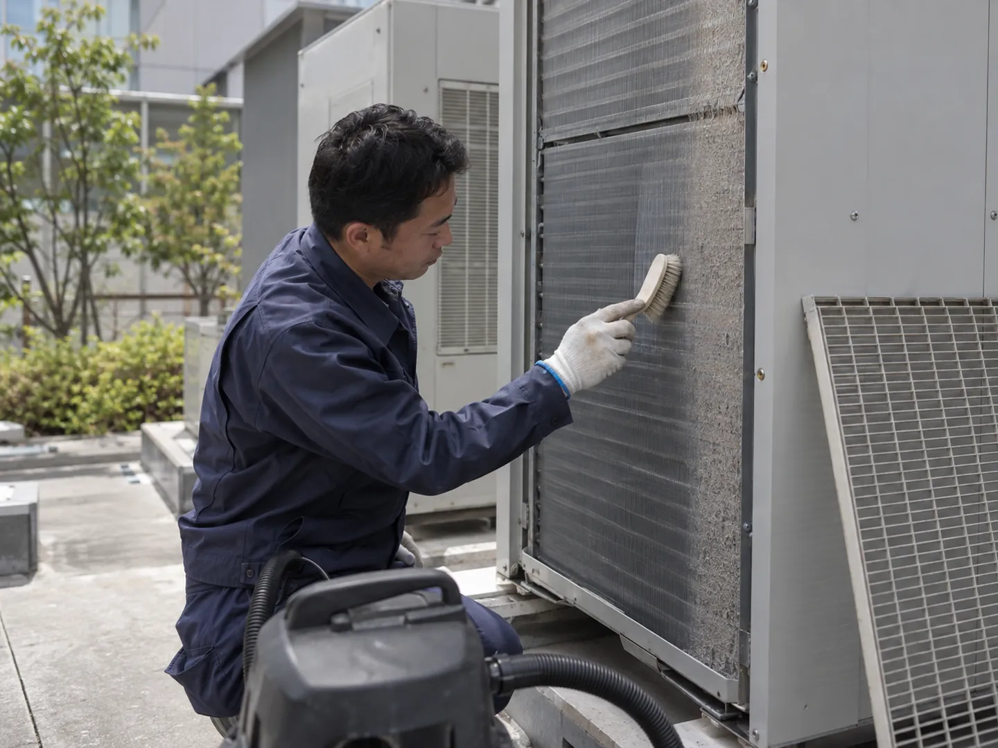 VRF dış ünite serpantininin yüzeyindeki birikimi yumuşak fırçayla temizleyen servis teknisyeni