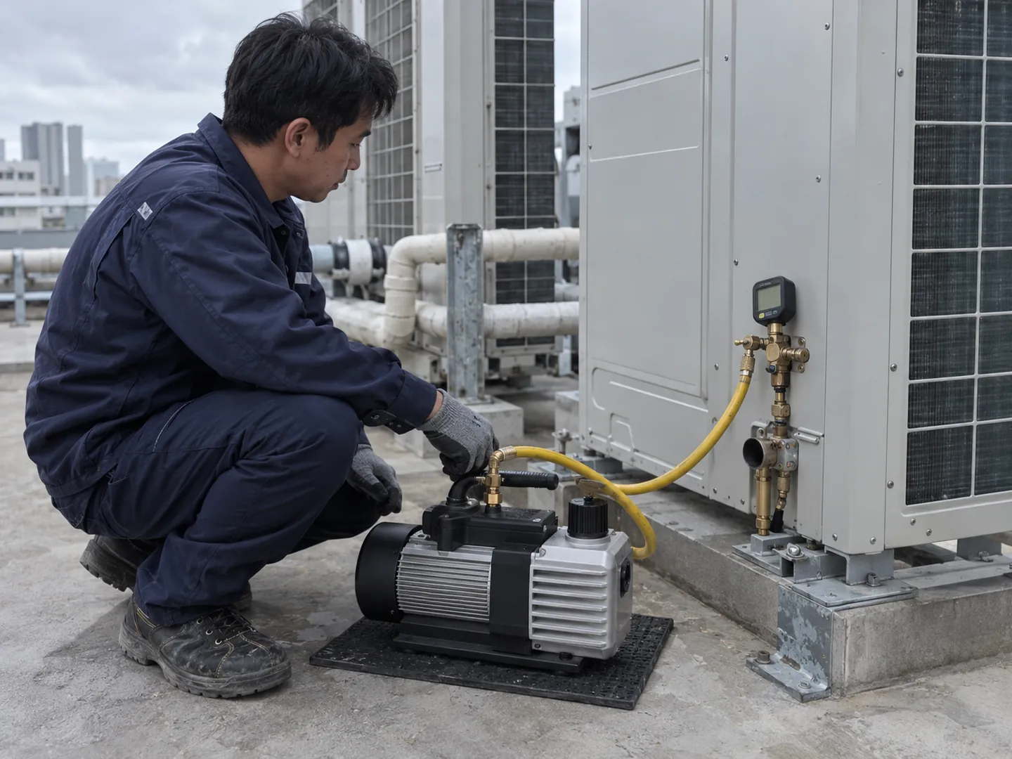 VRF servis bağlantısı yanında vakum pompası, hortum ve dijital vakum göstergesini kontrol eden teknisyen