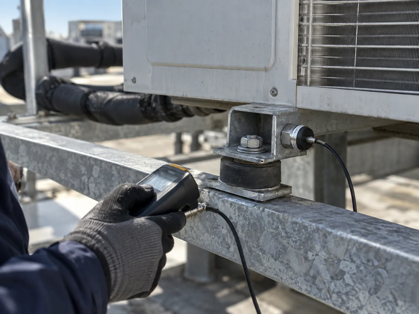VRF dış ünite ayağındaki titreşim izolatörü ve metal bağlantıya yerleştirilmiş ölçüm sensörü