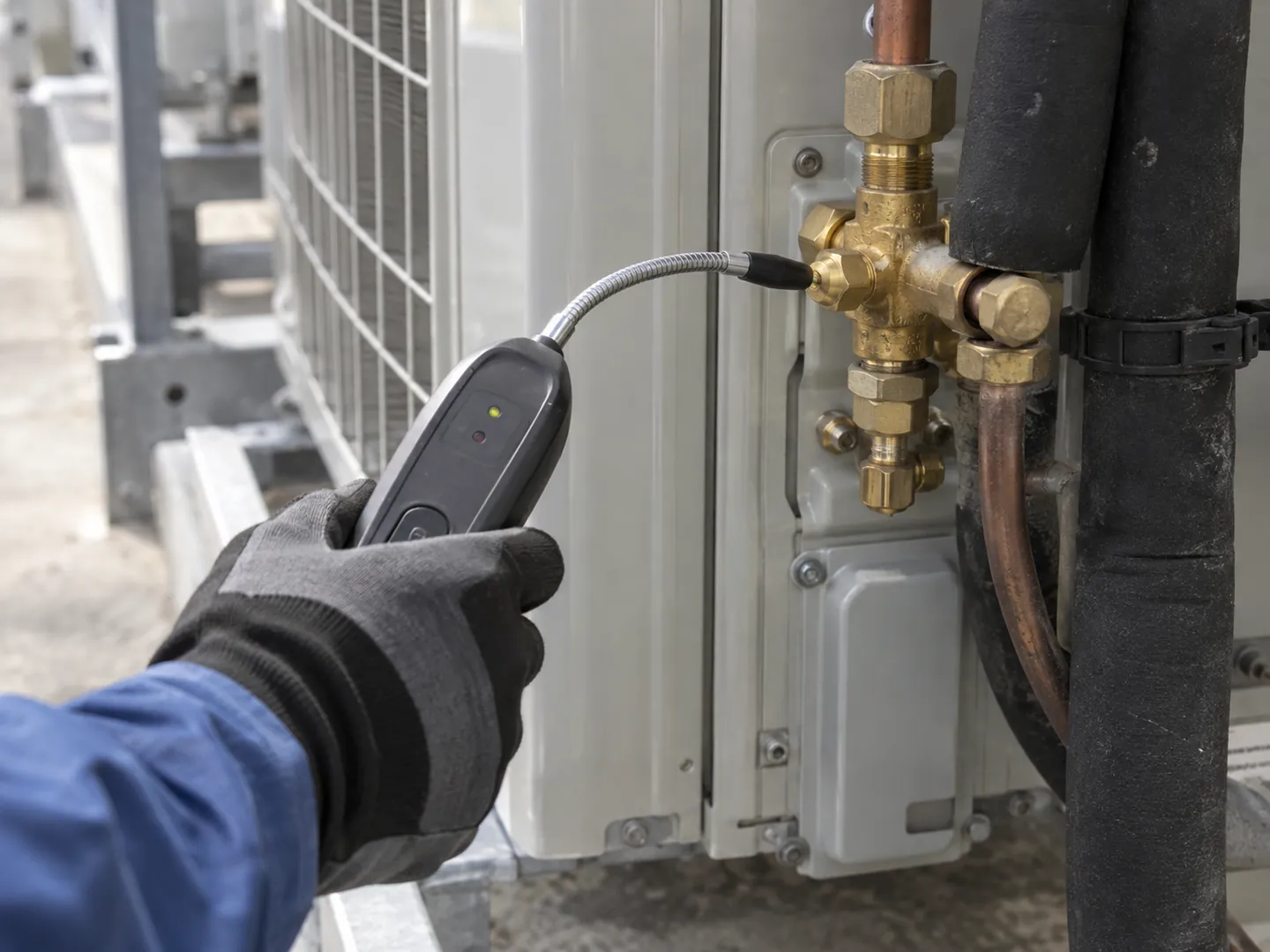 VRF servis vanası bağlantısını esnek problu elektronik kaçak dedektörüyle kontrol eden eldivenli teknisyen