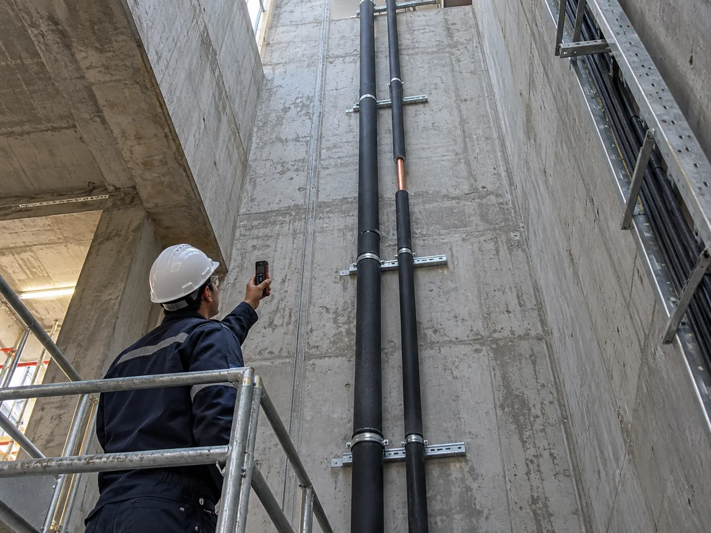 Çok katlı servis şaftında yalıtılmış bakır soğutucu akışkan kolonlarının yükselmesini ölçen mühendis