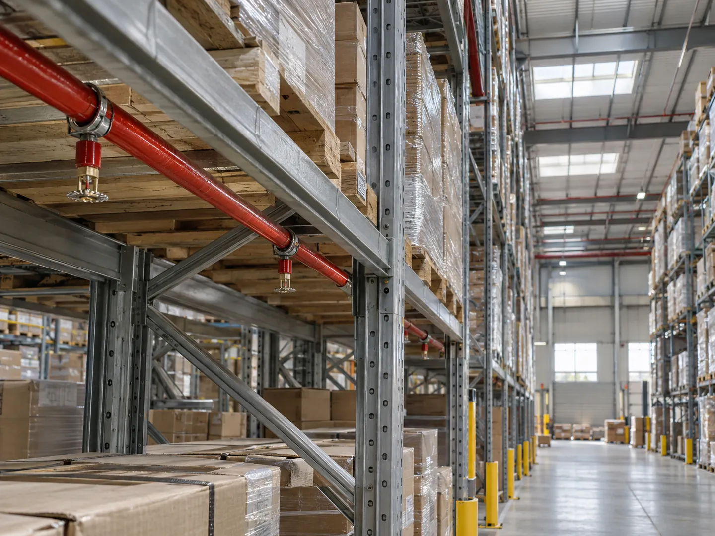 Yüksek depo rafları arasında sprinkler borusu ve başlıklarıyla temsili raf içi koruma