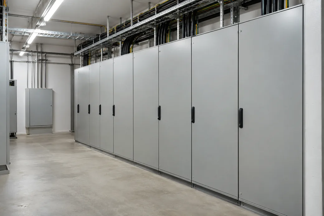 Kapalı elektrik panoları ve erişim koridoruyla temsili pano odası