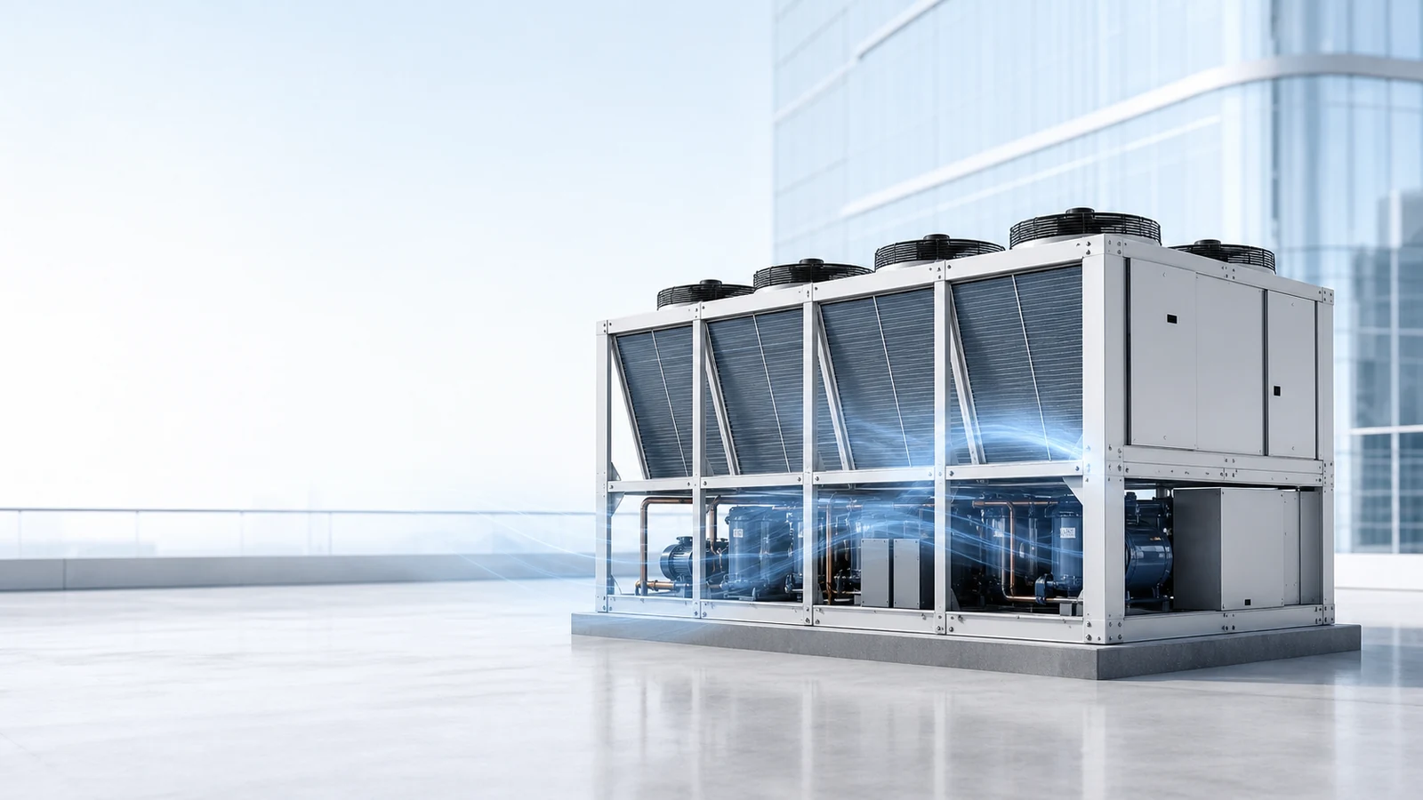An air-cooled chiller outside a commercial building.